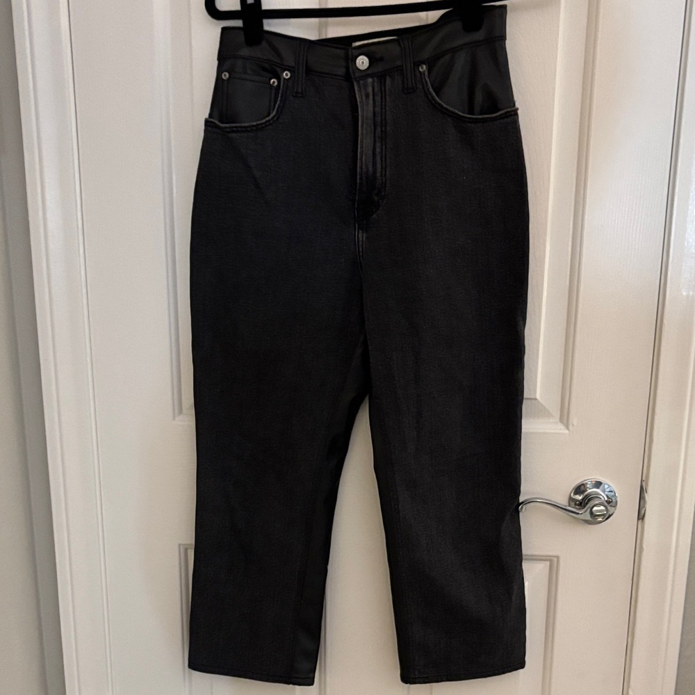 Abercrombie & Fitch Black Ankle Straight Ultra High Rise denim  and leather Jean